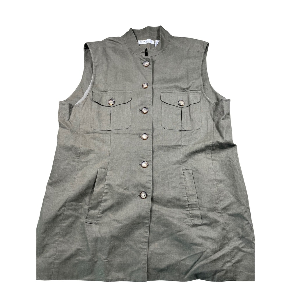 Chaus Sport Womens 16 Linen Cotton Utility Vest Olive Safari Long Button Front